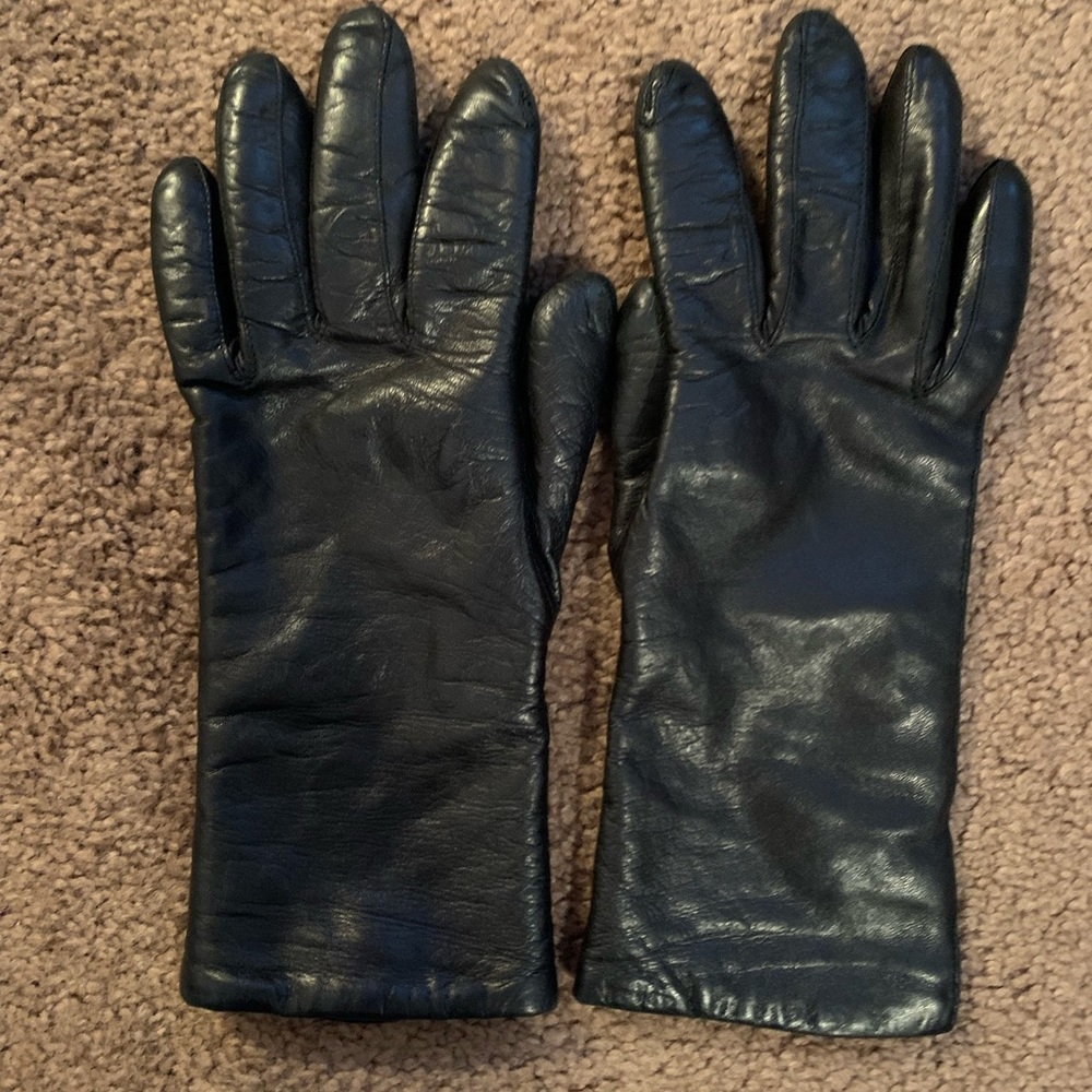 COPY - Black leather wool lined gloves.